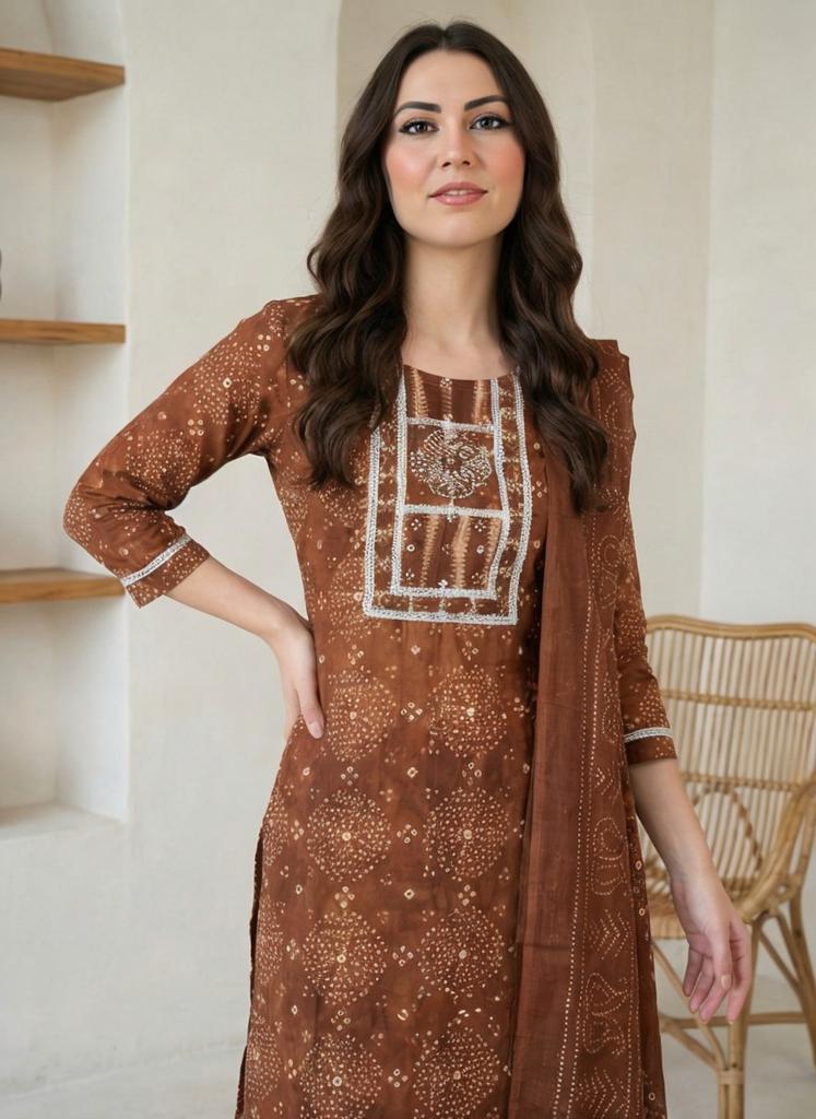 Women Brown Printed Cotton Kurta Pant Dupatta Set | Ethnic Bandhani Design Straight Kurti Set