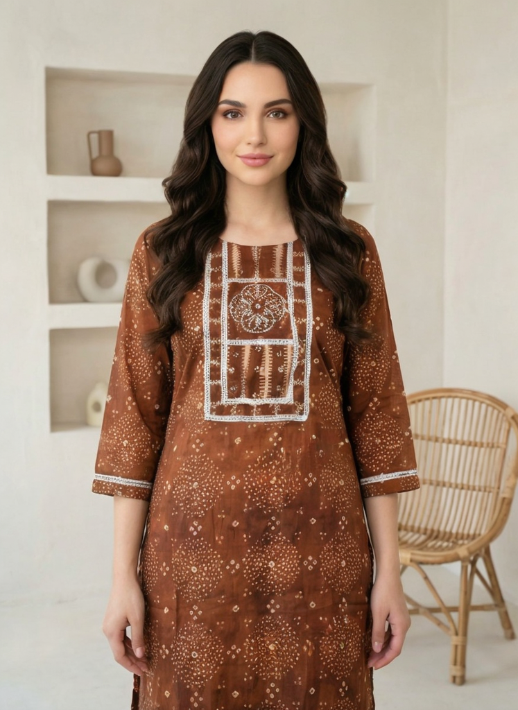 Women Brown Printed Cotton Kurta Pant Dupatta Set | Ethnic Bandhani Design Straight Kurti Set