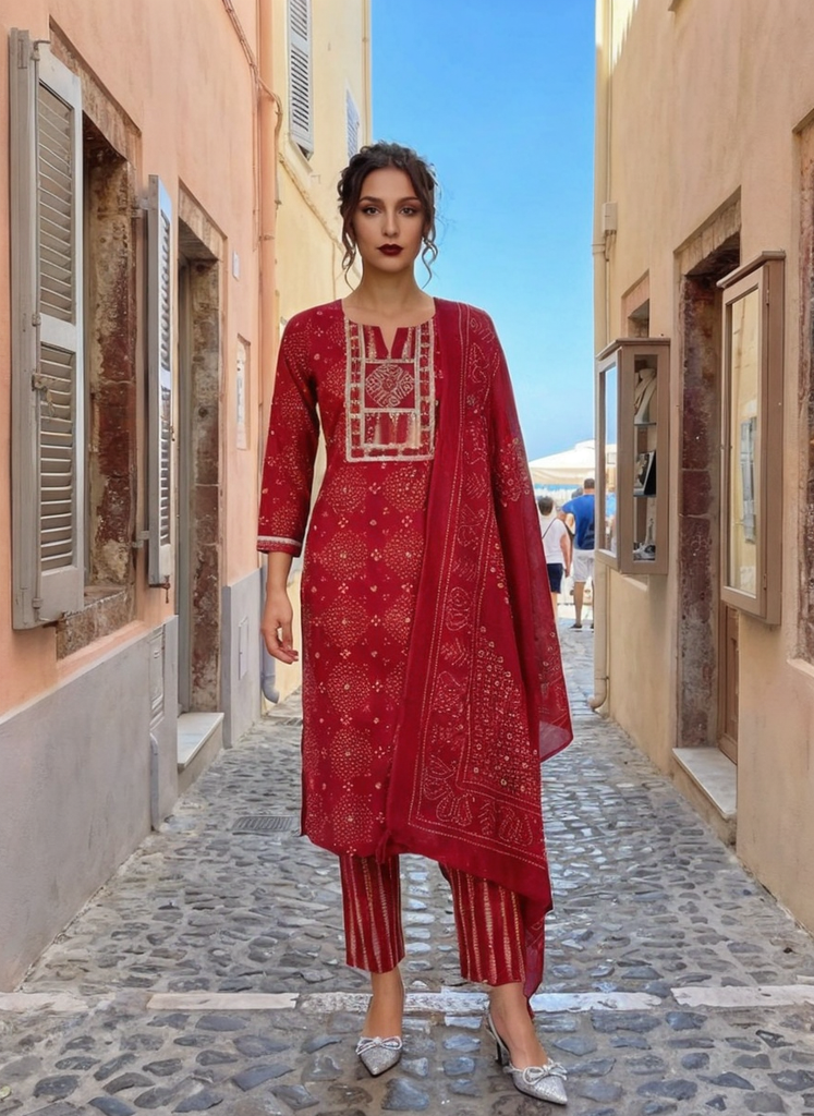 Women Pink Printed Cotton Kurta Pant Dupatta Set